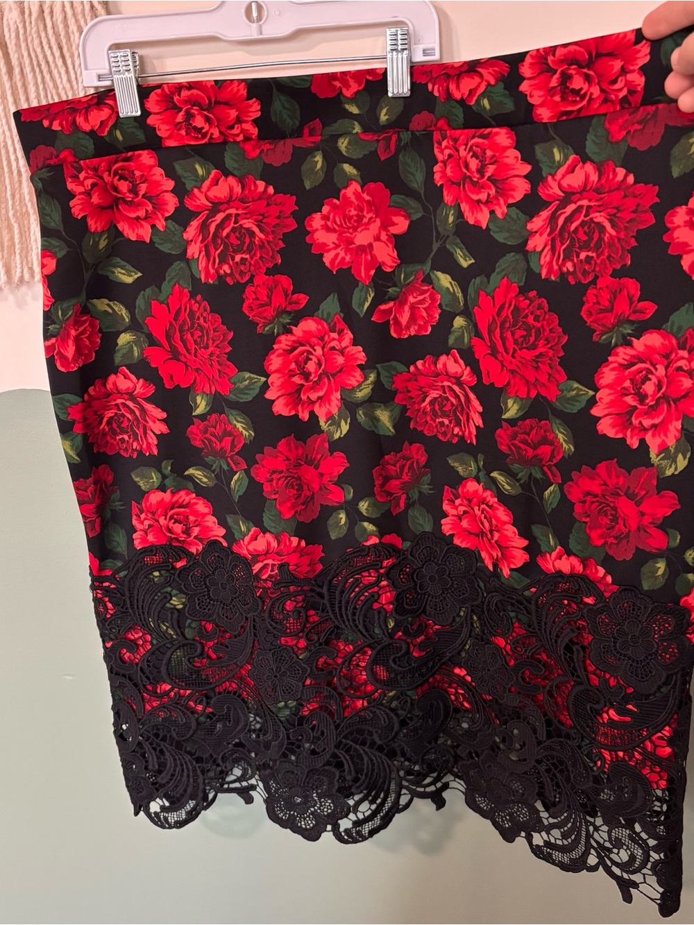 Black Floral Lace-Trim Midi Skirt with Red Roses